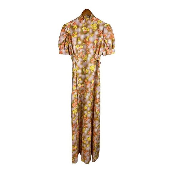 Vintage 60s Daisy Floral Puff Sleeve Mock Neck Bow Waist Belt Maxi Dress - Picture 8 of 10